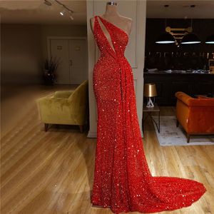 Dubai Red One Shoulder Sexy Evening Dresses Mermaid Beading Sequins sexy slit Luxury Formal occasion prom Dress