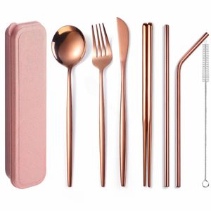 Conjunto de talheres portáteis Rose Gold Talheres de mesa de viagem Viagem Dinnerware Ste Palha Piquenique ao ar livre com utensílios de caixa Reusável Y1119