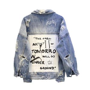 2019 Vintage Letter Print Giacca di jeans sfilacciata da donna Manica lunga Strappato Foro Cappotto di jeans Primavera femminile Bomber causale T200319