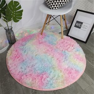 Rainbow Colorful Soft Fluffy Girl Round Hairy Area Rug For Bedroom Decoration Carpet shaggy Beside Mat Princess Style 201212