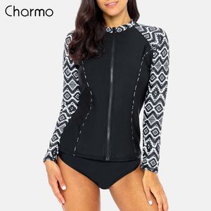 Charmo Kobiety Z Długim Rękawem Zipper RashGuard Koszula Koszulka Swimsuit Floral Print Swimwear Surfing Top Rash Guard UPF50 + Garnitury ochrony UV T200708