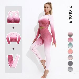 Nowe Damskie Stroje Jogi Bezszwowe Legginsy Z Długim Rękawem Crop Top Sports Bra Running Clothing Garnitury Garnitury Fitness Webrać Workout Sport Kostium Ombre Kolor