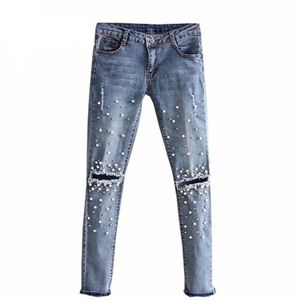 Jeans strappati con foro al ginocchio plus size Pantaloni a matita in denim elasticizzato da donna Pantaloni casual slim fit con rivetti perlati Pantaloni lunghi estivi da cowboy 201030