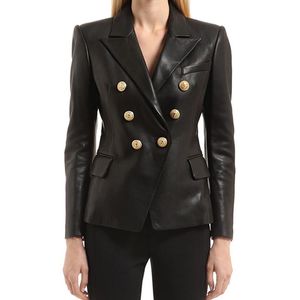 Damskie Kurtki Plus Rozmiar 2021 Spadek Zimowy Runway Office Women Coat Pełny Rękaw Lwa Podwójna Piersi Wysokiej Jakości Faux Leather Slim Black Ja