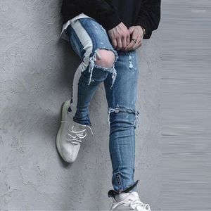 Męskie Dżinsy Męskie Fajne Designer Marka Side Striped Skinny Ripped Zniszczone Slim Fit Hop Spodnie z otworami dla mężczyzn1