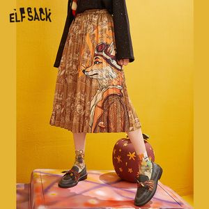 ELFSACK Fox Printed High Waist Pleated Skirts Women 2019 Winter New Fashion A Line Skinny Office Ladies Daily Long Skirt Y200704