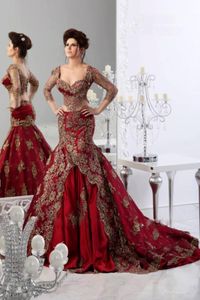 Two Pieces prom Dresses Mermaid Sweetheart Indian Jajja Couture Abaya dubai Burgundy Bridal evening Gowns with Sleeves Lace
