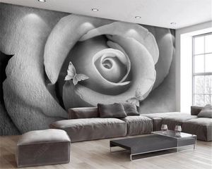 Romantyczny Róża 3d Tapeta Nowoczesna Minimalistyczny Szary Relief 3D Róża Kwiat TV Sofa Tło Wall Silk 3D Mural Tapeta