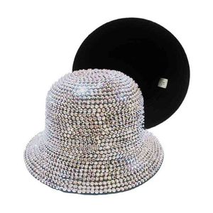 Kış Kadın Bling Rhinestone Kova Şapka Basit Geniş Ağız Keçe Tam Elmas Ayarlanabilir Caz Şapka ile Panama Keçe Toptan Yeni Y220301