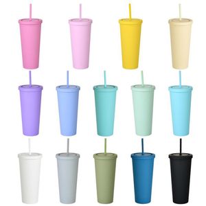 16oz 컬러 아크릴 컵 Drinkware 플라스틱 매트 텀블러 뚜껑과 빨 대 더블 레이어 휴대용 물 커피 컵 재사용 가능한 컵 재고 있음
