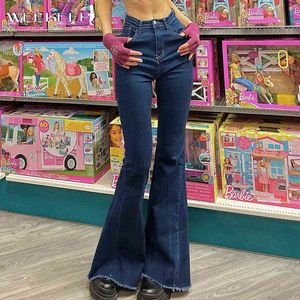 Weekeep Women Streetwear Boot Cut Flare Jeans Hög midja Solid Slim Fit Denim Pants Summer Casual Blue Pants Korean Y2K Harajuku Y220311