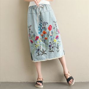 Vintage Haftowane Dżinsowe Spódnica Duży Rozmiar Kobiety Koreański Moda Ubrania Luźne Spódnice Casual Elastyczna Talia Dżinsy Saia F1209 T200712