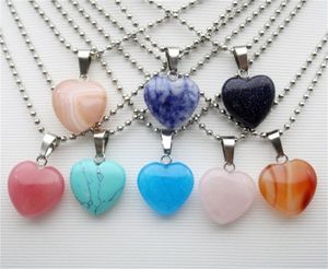Stainless chain natural stone Love heart pendant pink quartz crystal agates turquoises malachite stone necklace