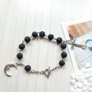 Svarta vulkaniska bergpärlor Rosary Armband Cross religiösa smycken