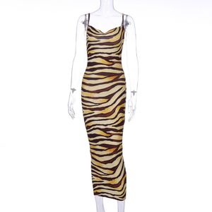 VIIFAA Multicolor Zebra Skin Stampa Summer Sexy Donne Cami Abito Lungo Abito Spaghetti Strap Singeley Party Slim Bodycon Abiti H1210