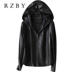 Rzby النساء 100٪ ريال جلد الغنم معطف مقنعين سترة الربيع الأزياء جلد طبيعي جاكيتات chaqueta موهير أعلى جودة 210201