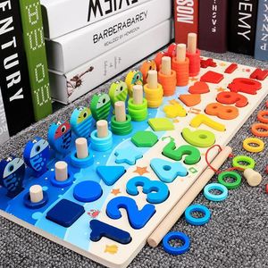 Montessori Educational Wooden Toys Children Busy Board Math Fishing Children's Wooden Preschool Montessori Toy Counting Geometry LJ200907