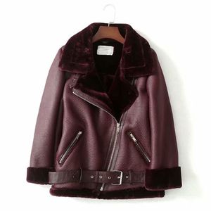 Winter Women's Leather Thick Lapels Long-sleeved Fur One Warm Jacket Fashion Casual Temperament Belt with Solid Color Cotton Coat Female