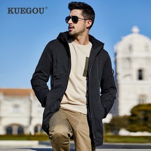 Kuegou inverno espesso homens quentes parkas com capuz preto marca roupas para outwear masculino moda plus tamanho longo casaco zipper 21606 201203