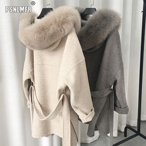 Europeu melhor vendeu cashmere misturado casacos genuíno capuz de pele colar mais tamanho lã casaco para mulheres com cinto 201031