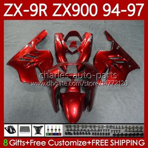 Kit de feiras para Kawasaki Ninja ZX-9R ZX 9R 9R 900 CC ZX9 R ZX9R 94 95 96 97 Bodywork 100no.76 Vermelho Metálico ZX900 900CC ZX-900 1994 1995 1997 ZX900C 94-97 OEM Moto