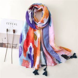 Smudged Färg Bomull Kvinnors Scarf, Soft Touch, Sunscreen Seaside Travel Holiday Sida