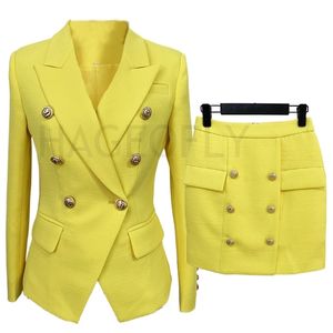 Юбка Blazer Желтый костюм Женщины Золотая двубортная Кнопка Мята Зеленый Хлопковый Белье S Два Части Наборы 220302
