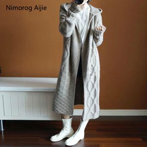 autumn winter New sweater women European style long coat sweaters fashion women long cardigan knitted women sweater with cap 201031