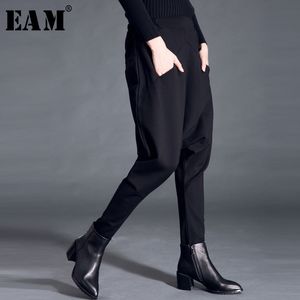 [EAM] Nuova primavera autunno alta elasticità in vita nera tasca divisa per il tempo libero pantaloni larghi harem pantaloni donna moda JS499 201031