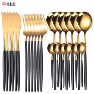 24 pcs Louça de gordura de ouro conjunto de aço inoxidável Faca de mesa de mesa Forquilha colher de café fracas máquina de lavar louça segura 211228