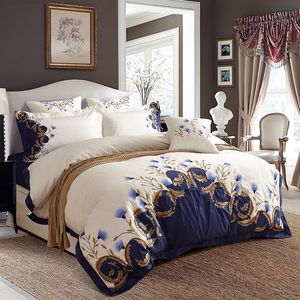 EUA King Rainha Tamanho Chique Branco Bordado Blue Bedding Set 60s Egípcio Algodão Cama Set Set Duvet Capa Fronha 201120