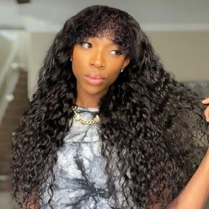 Mongolian Water Wave Wigs With Bangs For Black Women Machine Made Natural Color Human Hair Wig