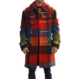 Homem splicing lã mistura casacos moda tendência grade manga longa botão outerwears roupas de vestuário masculino inverno casual lapela lapela