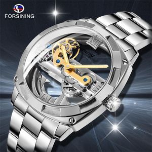 Forsiging Gümüş Kare Erkek Şeffaf Mekanik Saatler Otomatik Altın Dişli İskelet Paslanmaz Çelik Bant Adam Reloj Hombre LJ201212