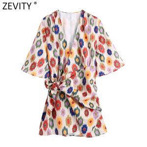 Zevity Women Vintage Cross v Neck Geometric Print Bow Tied Slim Mini Dress Memale Casuare Imono Vestidos DS8691 220215