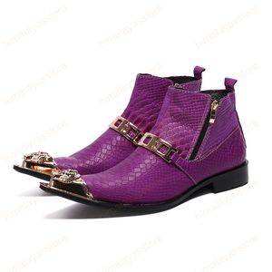 Plus Size Metal toe Real Leather Men Boots Snake Skin Zip Party Short Boots Nightclub Fashion Handmade Male Boots