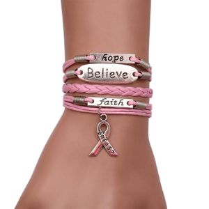 Bracelets de charme corde en cuir multicouche rose rose rose cancer du sein de bijoux pulseras mujer bracelet pour femmes