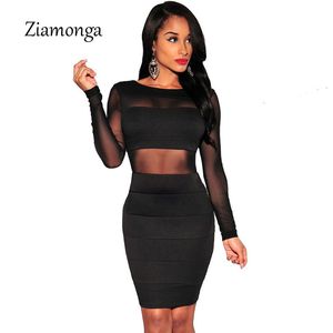 XS-XXL Sexy Bandage Dress Novo Inverno Preto Branco Vestido de Manga Longa Malha Patchwork Hollow Out Lápis Bodycon Vestido Feminino Vestidos Y0118