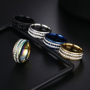 Två rad rostfritt stål diamantring band finger kristall engagemang bröllop ringar för kvinnor män mode smycken vilja och sandig gåva