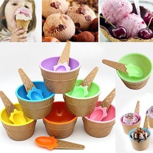 2Pcs/Set Cute Kids Baby Candy Color Ice Cream Bowls Cup Bowl Reusable Dessert Ices Creams Bowl with Spoon Children Tableware