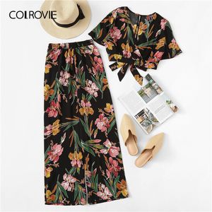 COLROVIE Plus Size V Neck Surplice Floral Print Blouse With Pants Women Boho Two Piece Set Summer Clothes Holiday Outfits LJ201117