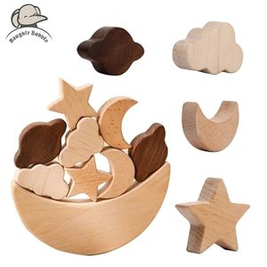 Montessori Wooden Blocks Stars Moon Stacked Toys Children's Eonal Diy Baby Balance Training Constructor 220211