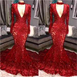 Royal Blue Red 2022 Gorgeous Bling Sequins Prom Dresses Mermaid Long Sleeves V Neck Evening Dress Women Elegant Party Gowns