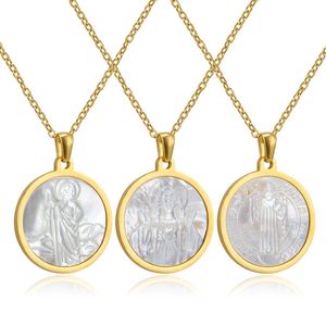 Unique Pearl Shell Design Gold Stainless Steel The Virgin Mary Pendant Catholic Religion Holy The Mother Of Jesus Chris Madonna Round Charm Necklace Pendants