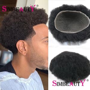 4MM 100% Human Hair African American Toupee For Men Breathable Soft Full Swiss Lace Base Afro Kinky Curly Replacement System Wig