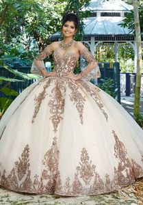 Розовое золото Сладкие 16 принцессы Quinceanera платья с длинными рукавами тюль бальное платье Формальная Pageant для девочек Vestidos De Anos халат