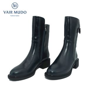 Vendita calda VAIR MUDO Stivali in vera pelle Scarpe da donna a metà polpaccio Autunno Inverno Moda Pelle di pecora nera Breve peluche Punta tonda