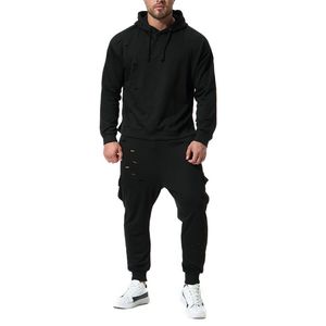 Europe and America Sweatshirts Suit Men New Autumn Personality Hole Casual Hoodies Male Black Sportswear Hooded Hoodies Sets