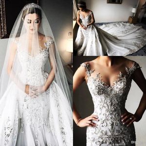Ren o-nacke prinsessa sjöjungfru bröllopsklänningar med avtagbar tåg sparkly kristall spets applique pärlstav arabiska brudklänningar