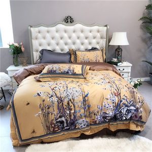 HD Drukuj Oddział Birds Yellow Vintage Duvet Cover Set Luksusowe 1000TC Egiptian Bawełniana Pościel Zestaw Queen King Size 4 sztuk łóżko Zestaw 201021